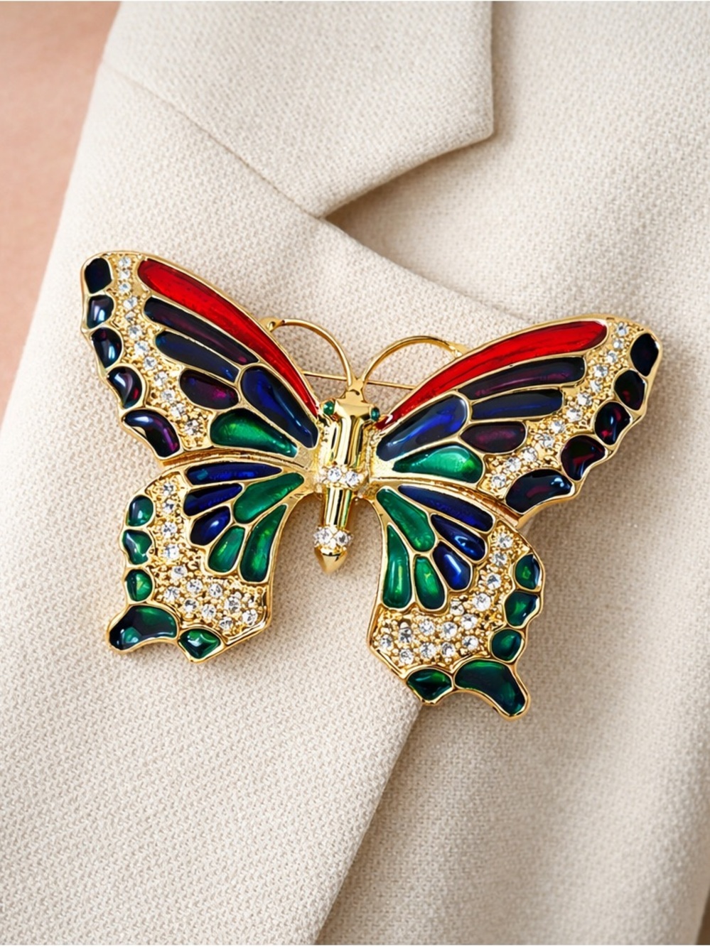 Large Gold Butterfly Brooch Multi Color Rhinestone Enamel Statement Pin